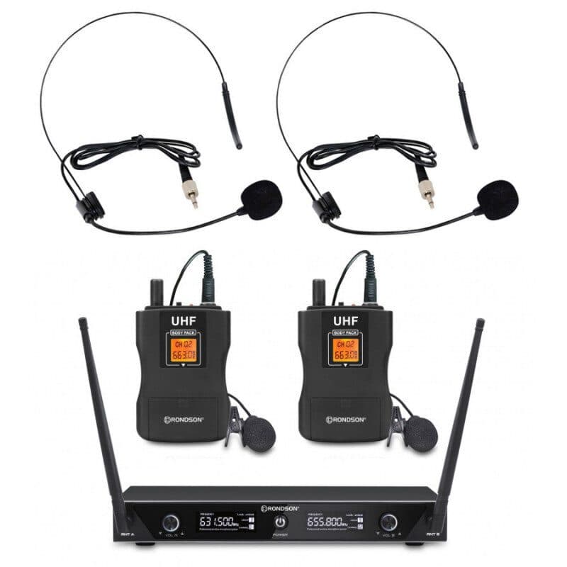 Set radiomicrofoni UHF 2 canali 2 bodypack lavalier e ad archetto - RONDSON RON-02521-2