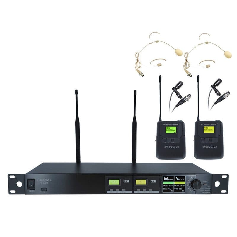 Set radiomicrofoni UHF doppio bodypack con archetto e lavalier, rack 2 canali - DEFINITIVE AUDIO TD 200 PT