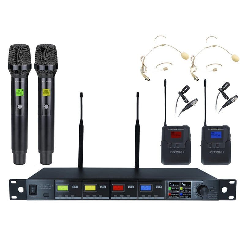 Set radiomicrofoni UHF 4 canali 2 a mano e 2 bodypack, rack True Diversity - DEFINITIVE AUDIO TD 400 MH/PT
